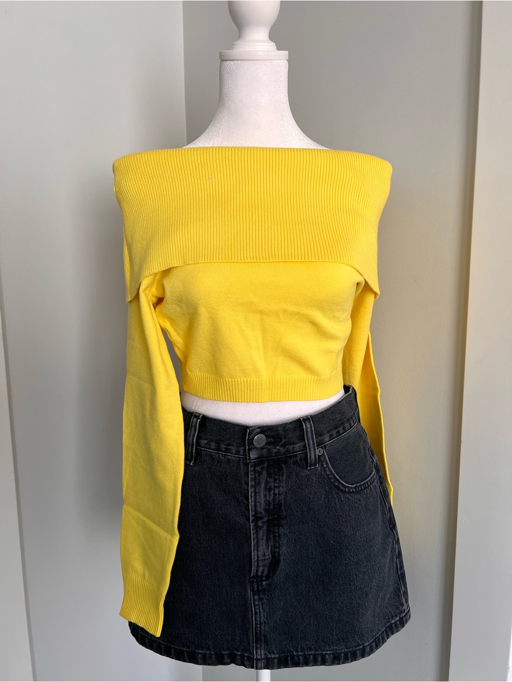 AKIRA Bright Yellow Off-Shoulder Cropped Sweater
